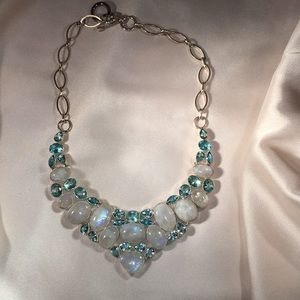 Sterling, blue topaz & rainbow moonstone necklace.